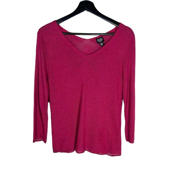 Eileen Fisher Tops - Eileen Fisher Red Purple Long Sleeve Linen Blend V Neck Knit Top Petite Large